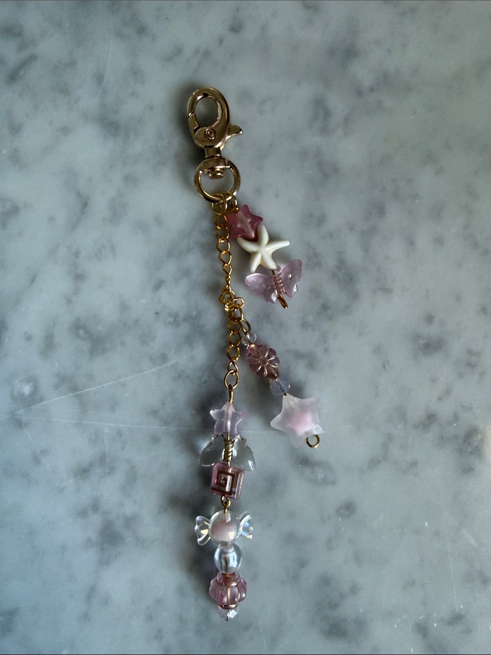 Gold Clip Pink Star & Bead Charm Keychain
